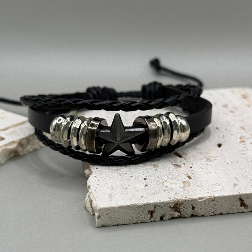 Black Leather Bracelet with Silver Accents